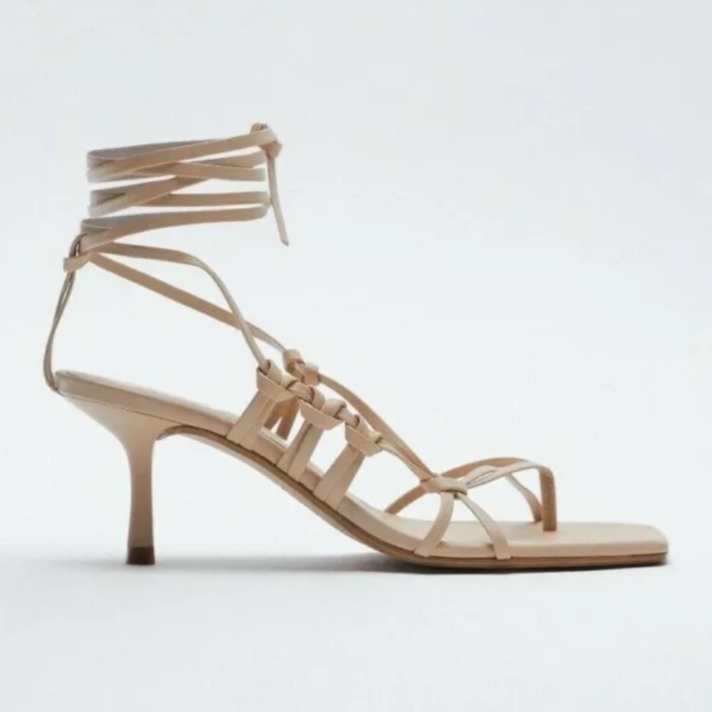 Zara Beige Strappy Lace-Up Kitten Heel Sandals